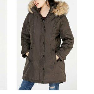 Madden Girl Juniors' Hooded Faux-Fur-Trim Long Sleeves Parka | Olive - Small